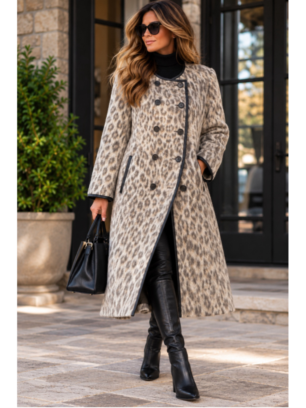 Ann Taylor Leopard Print Wool Blend Long Coat Size M Black Trim NWOT